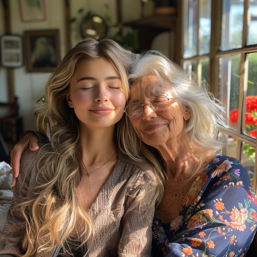 Mia hugs her grandmother | Source: Midjourney