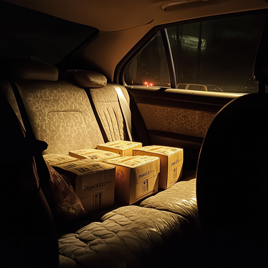 Boxes in the back seat of a car | Source: Midjourney