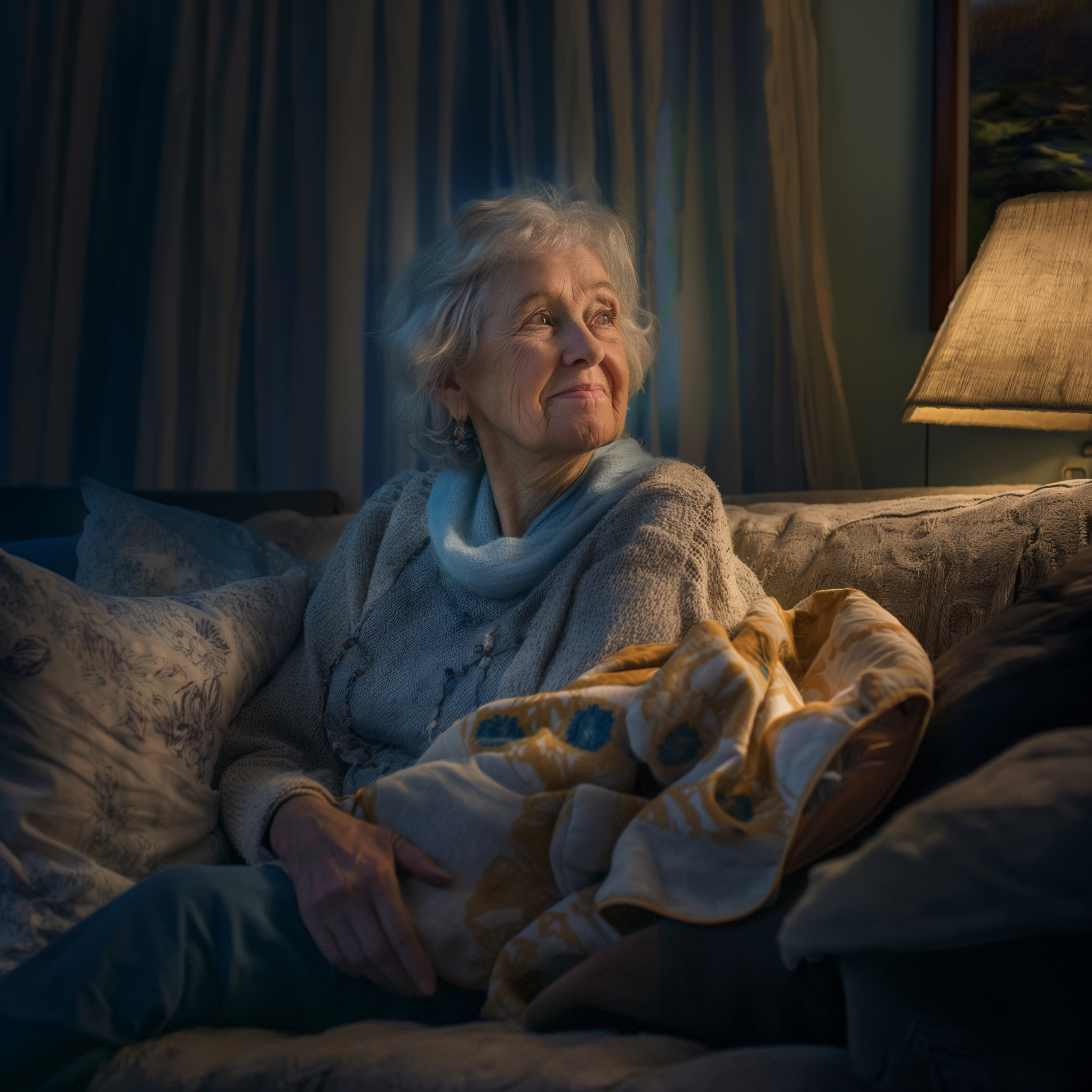 A grandma smiles while sitting on a sofa at night | Source: Midjourney