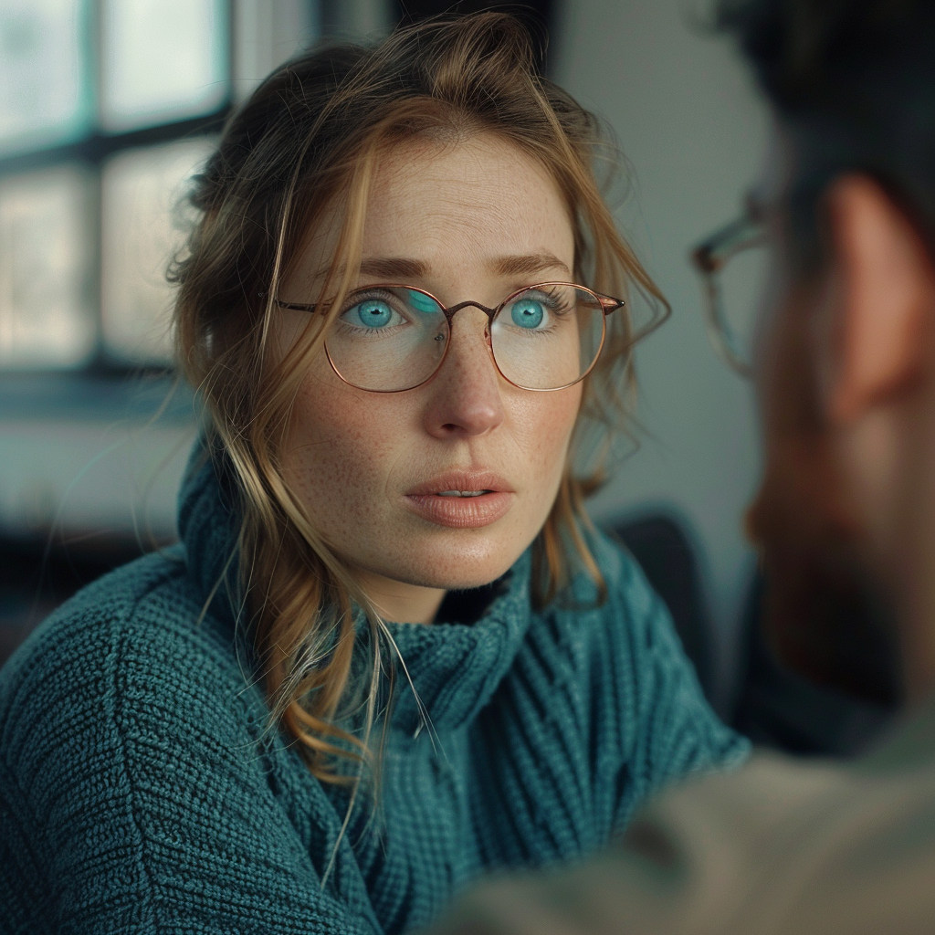 A woman looking shocked while talking to a man | Source: Midjourney