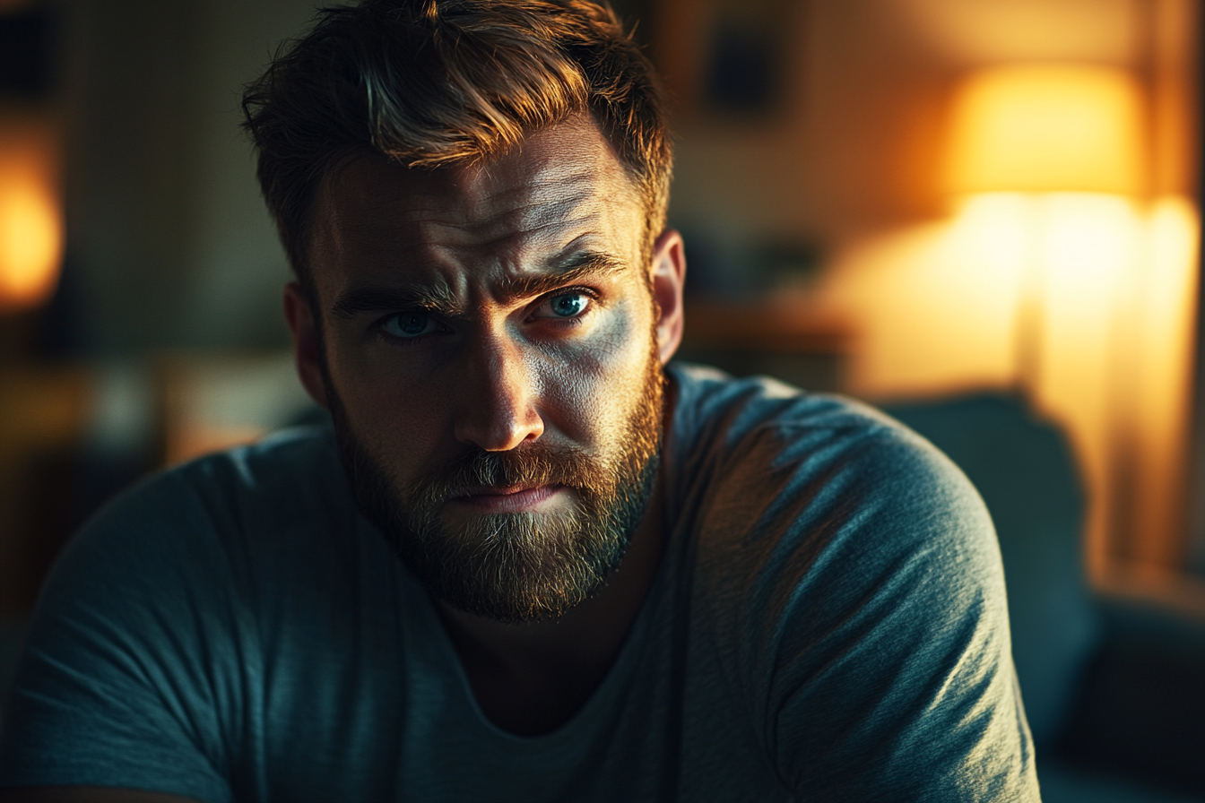 A serious-looking man sitting on the couch | Source: Midjourney