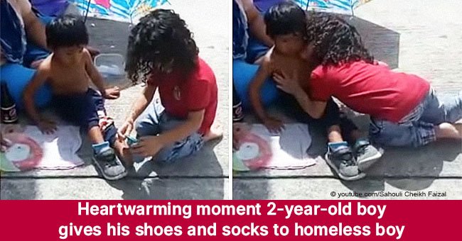 Heartwarming moment 2-year-old boy gives his shoes and socks to homeless boy