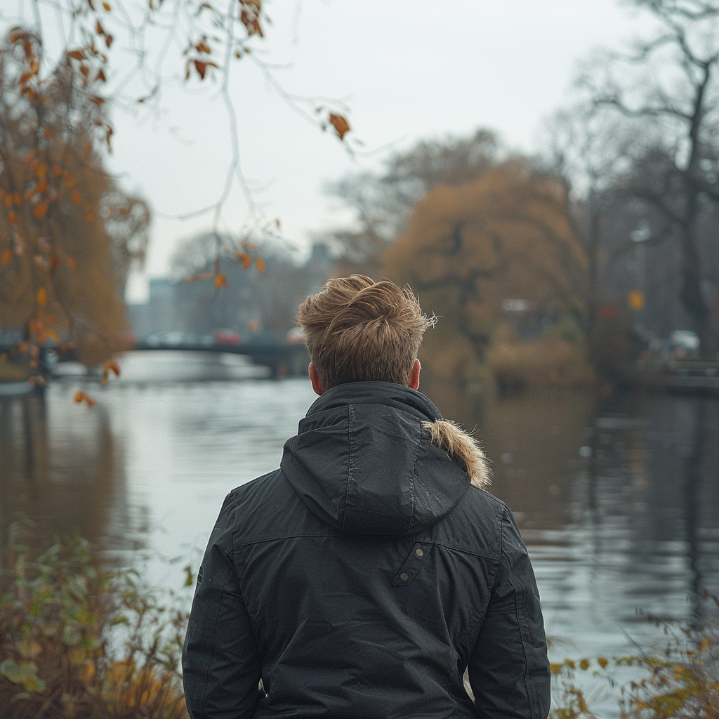 A back-view of a man looking at a river and admiring the view  | Source: Midjourney