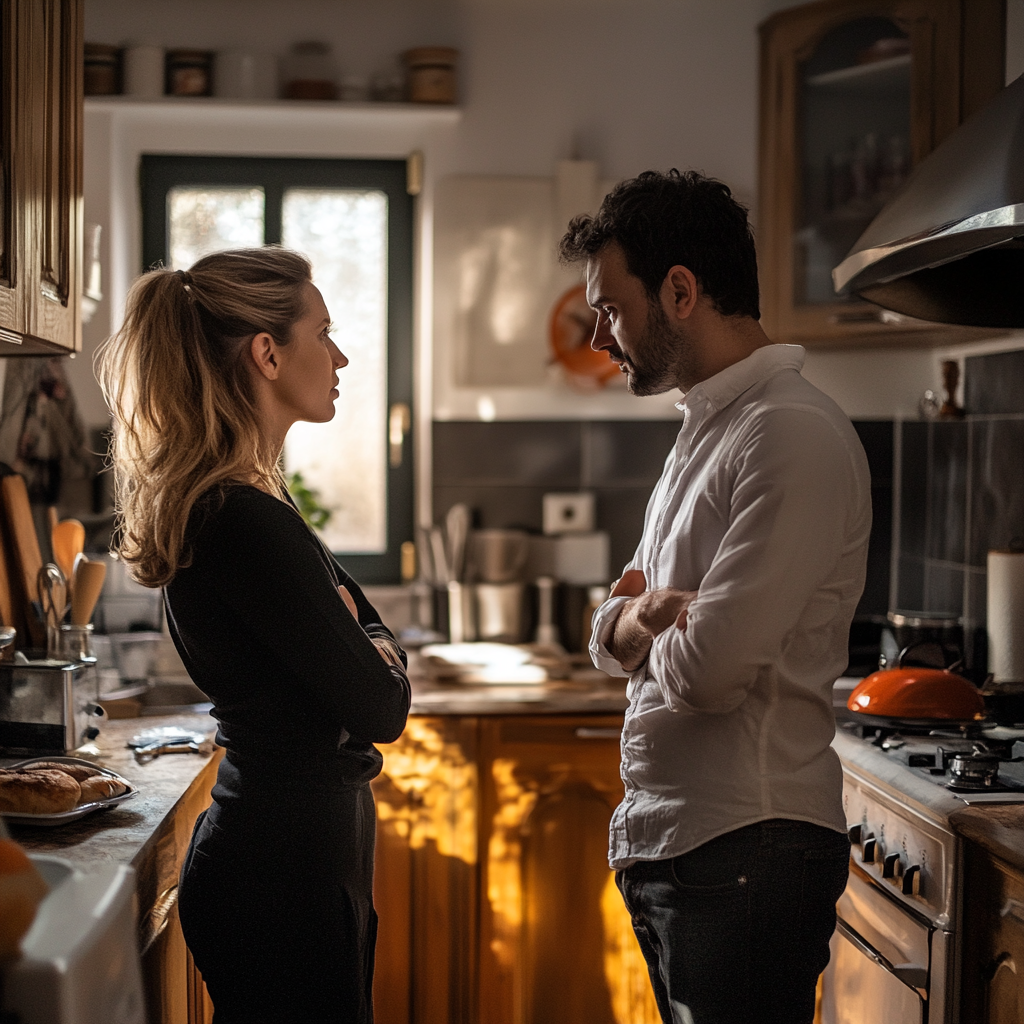 Woman confronting a man in the kitchen | Source: Midjourney