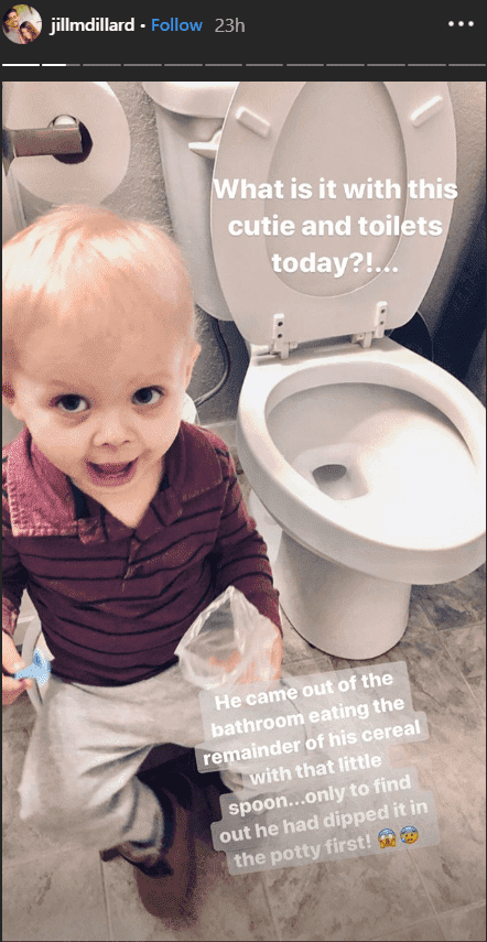  Jill Duggar's son, Sam Dillard holds a blue spoon and packet of cereal in his hands while sitting next to a toilet bowl | Source: Instagram.com/jillmdillard
