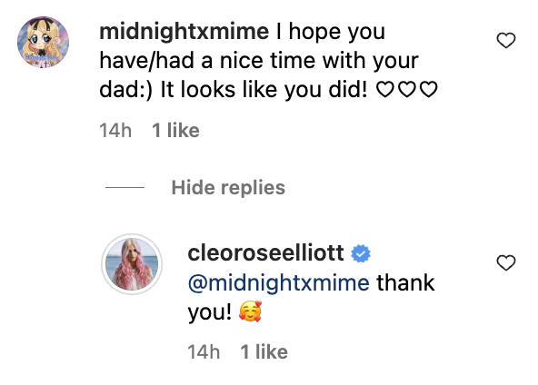 A fan's comment and Cleo Rose Elliott's response to her New York City post on June 12, 2023 | Source: Instagram/cleoroseelliott