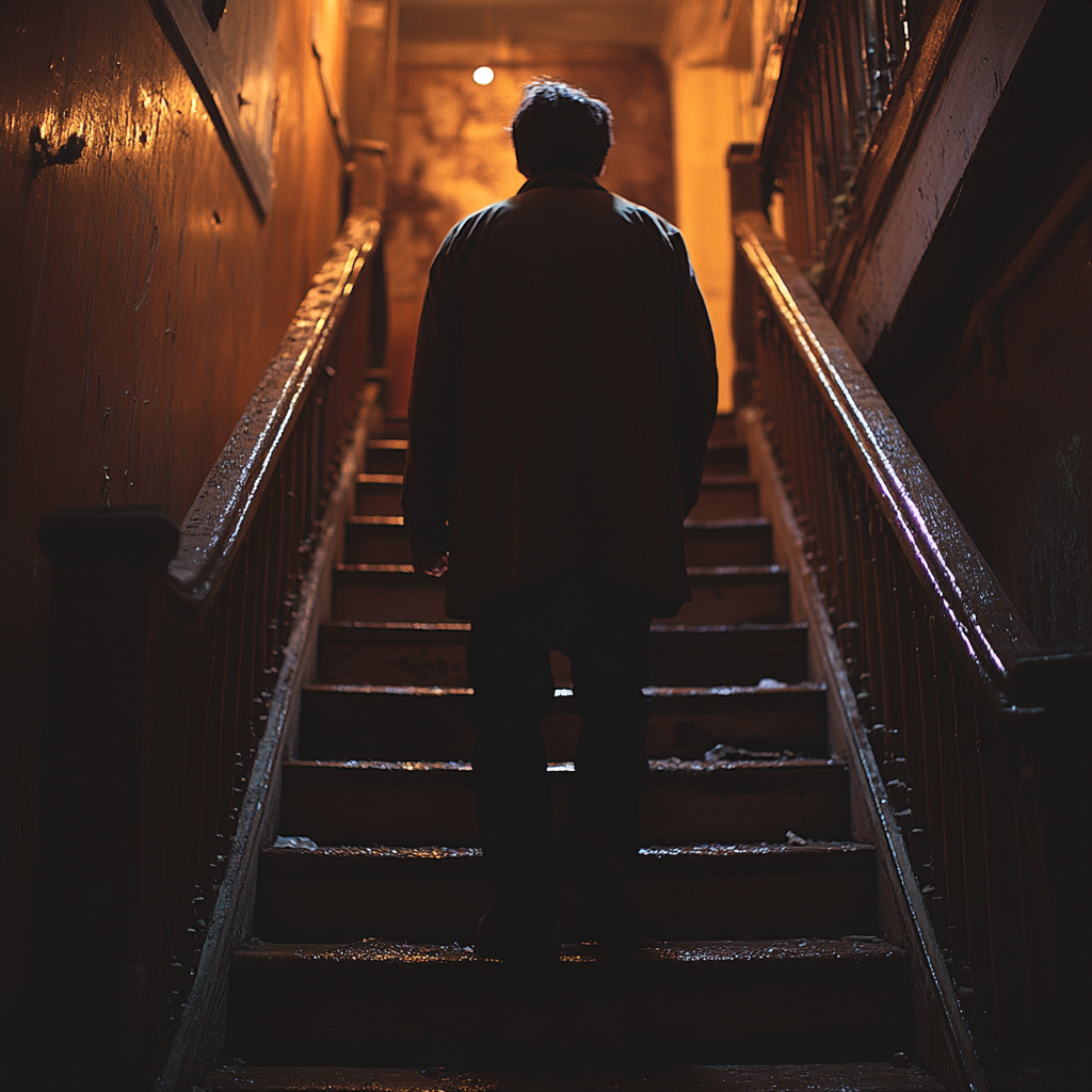 A drunk man climbing up the stairs | Source: Midjourney