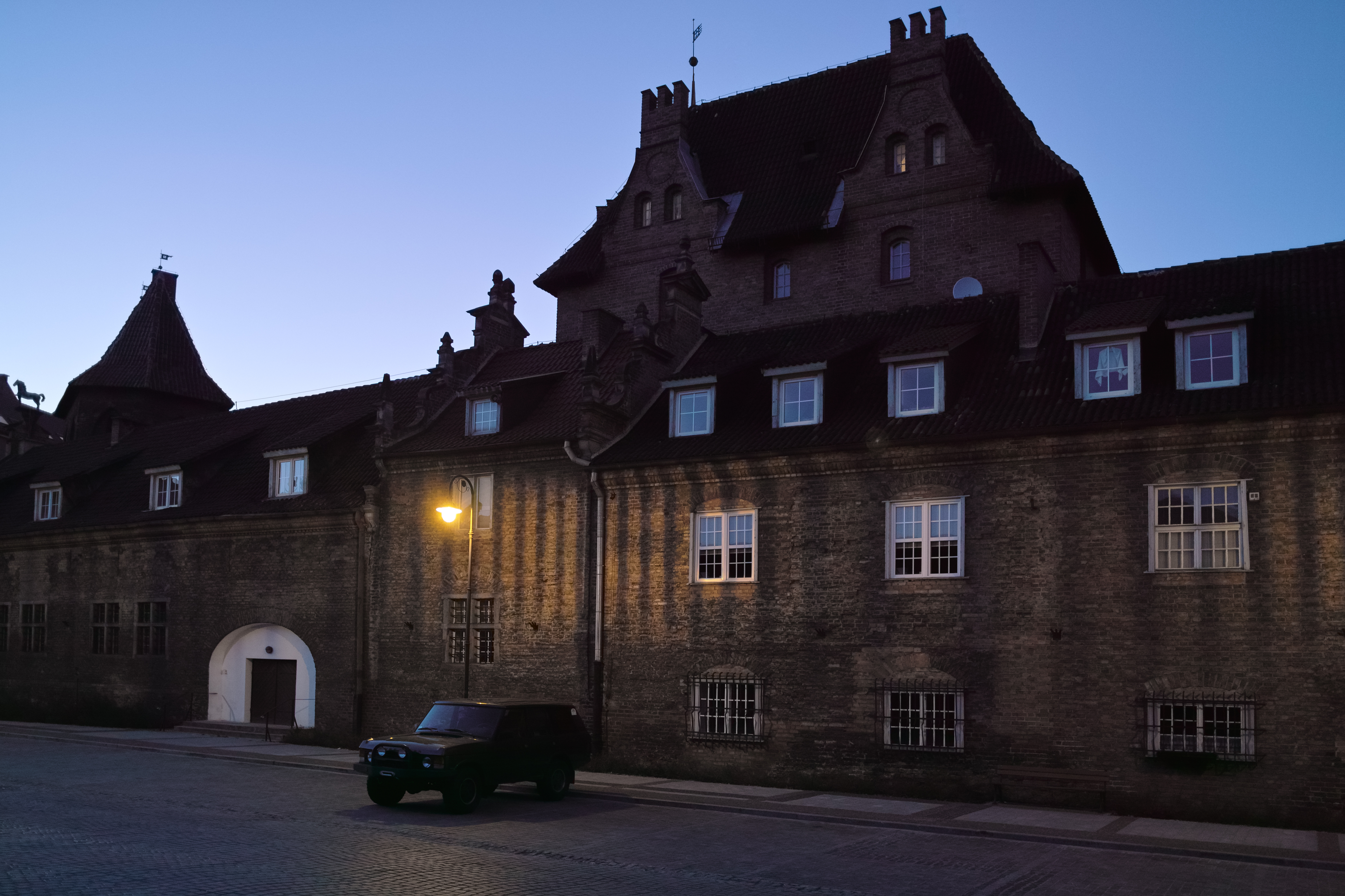 Majestic estate in dusk with car parked under a street light | Source: Shutterstock