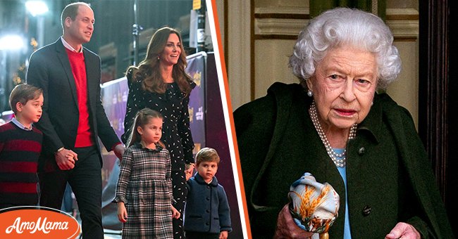 Kate Middleton und Prinz William mit ihren Kindern, Prinz George, Prinzessin Charlotte und ihrem jüngsten Prinz Louis bei einer Veranstaltung [links]; Queen Elizabeth bei einer Veranstaltung [rechts] | Quelle: Getty Images