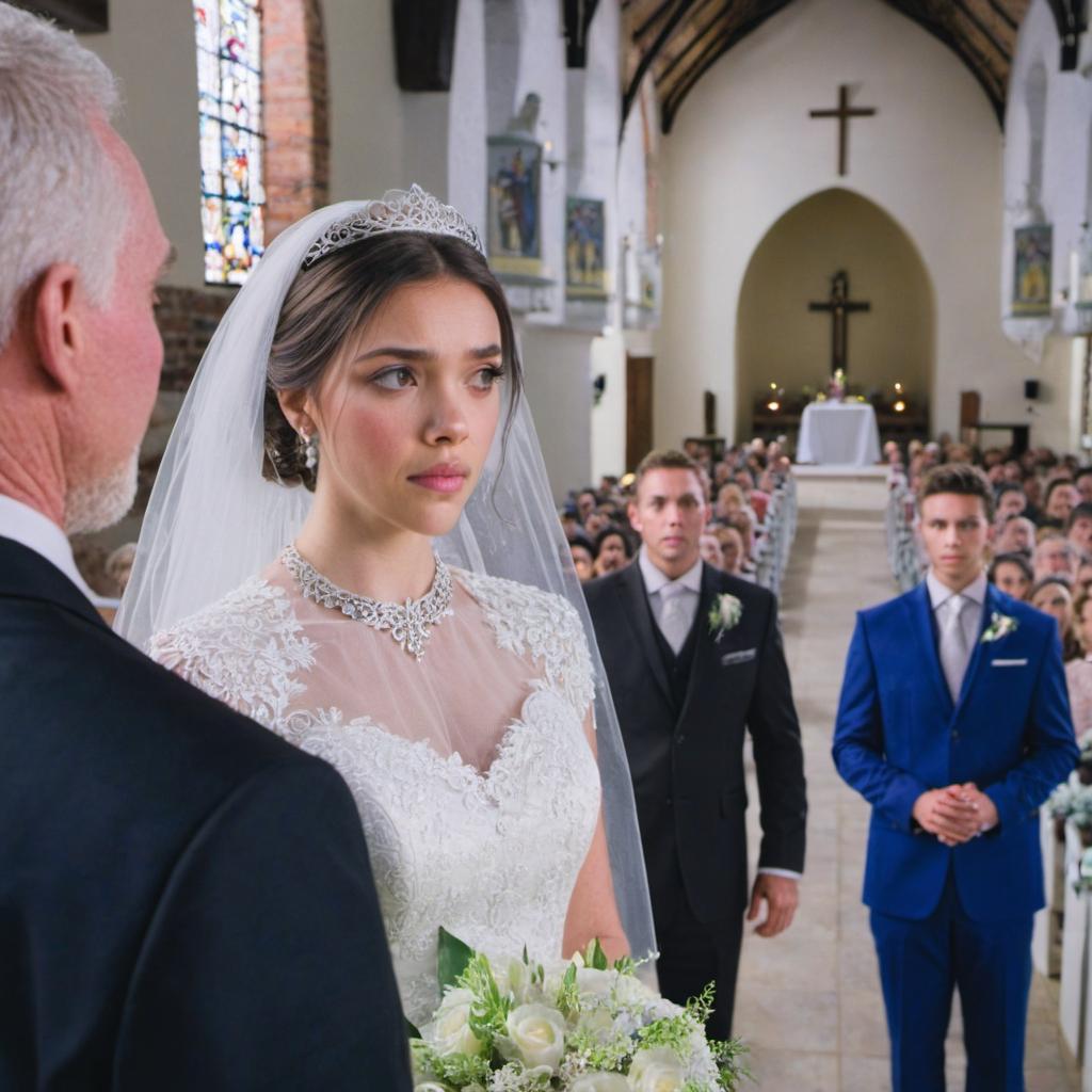 Kaia makes her decision while the bridegroom and best man wait in the background | Source: Midjourney