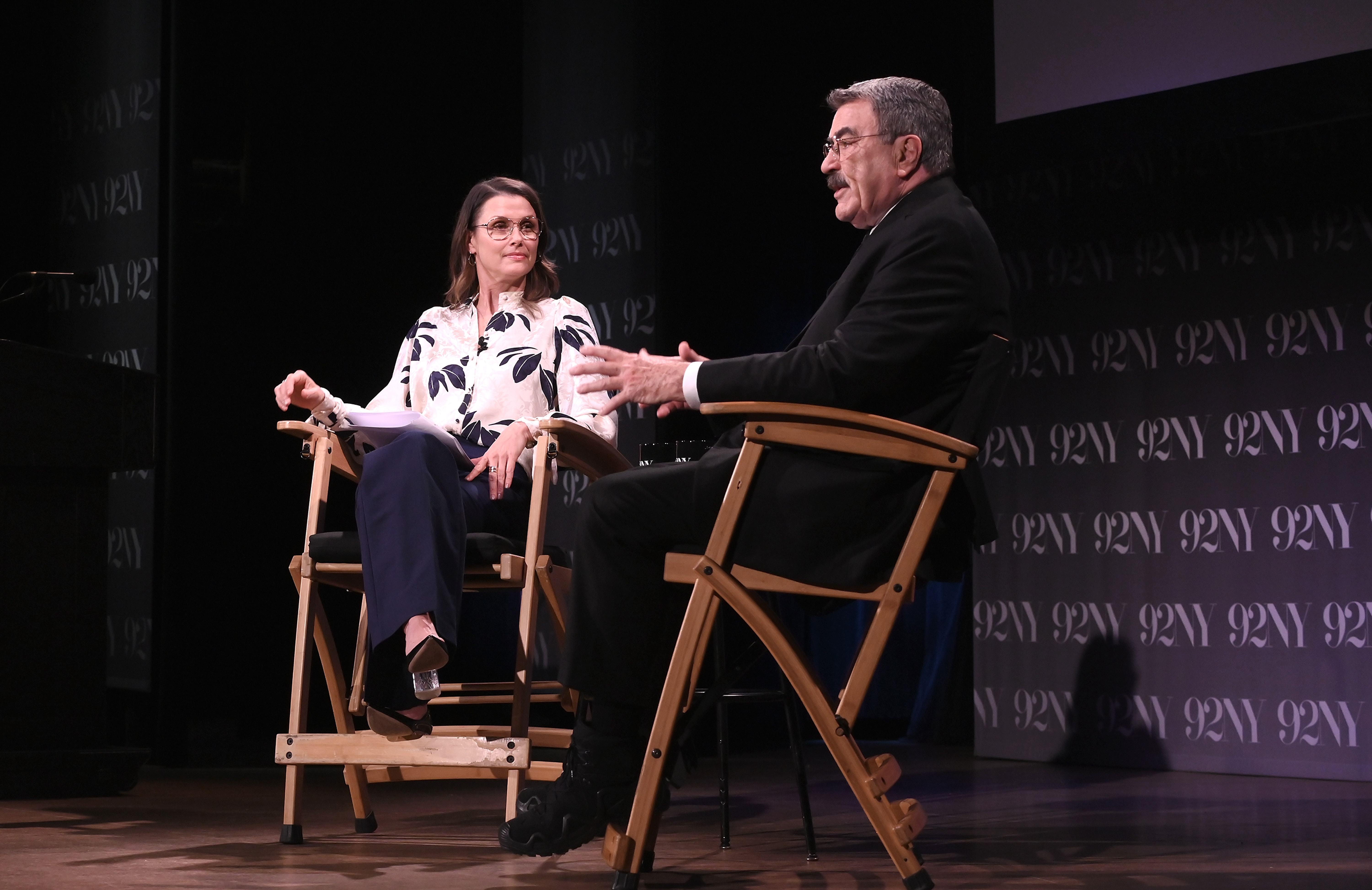 Bridget Moynahan and Tom Selleck discuss his book, "You Never Know: A Memoir," on stage at 92NY on May 7, 2024, in New York City.| Source: Getty Images