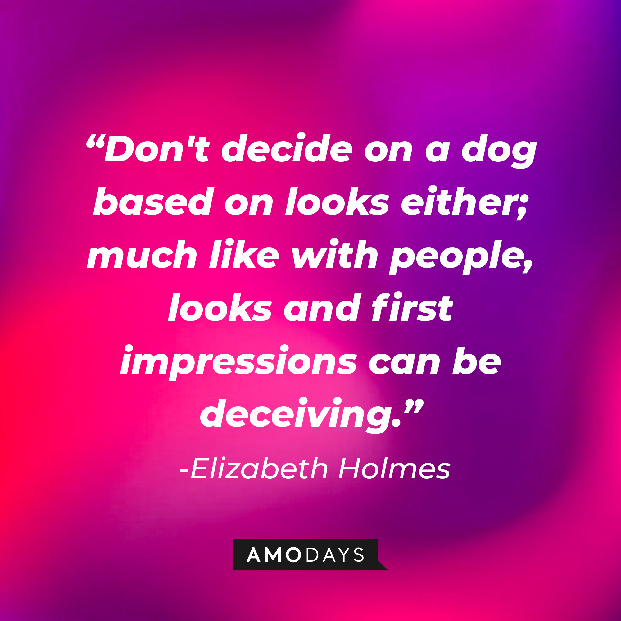 Elizabeth Holmes' quote: "Don't decide on a dog based on looks either; much like with people, looks and first impressions can be deceiving." | Source: Amodays