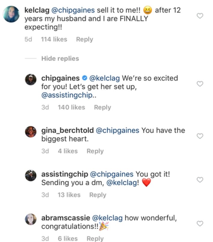 A screengrab of Kelly Cagglett's comment. Image credit: Instagram/@chipgaines. 