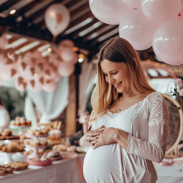 A pregnant woman touching her baby bump at a baby shower | Source: Midjourney