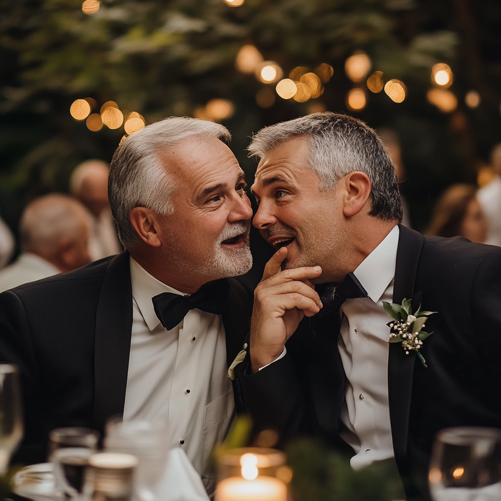 Groom whispering to his male friend during the wedding reception | Source: Midjourney