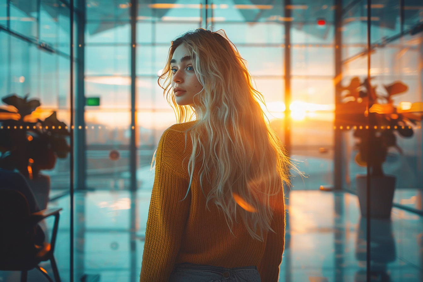 A woman standing near a glass wall | Source: Midjourney