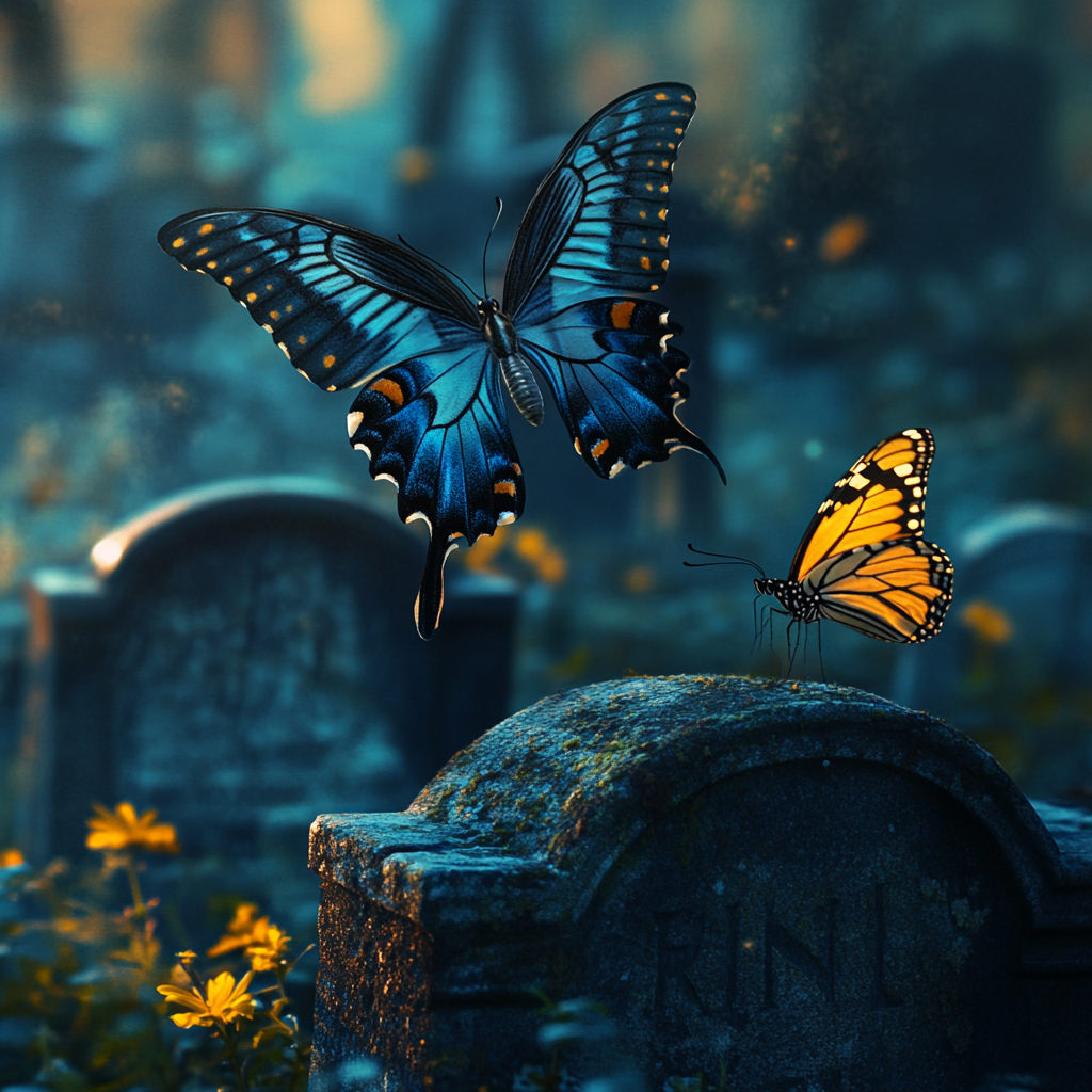 Two butterflies in a cemetery | Source: Midjourney