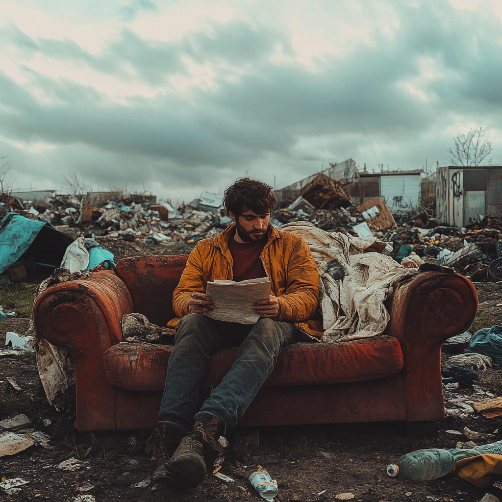 Man seated on an old couch reading a paper | Source: Midjourney