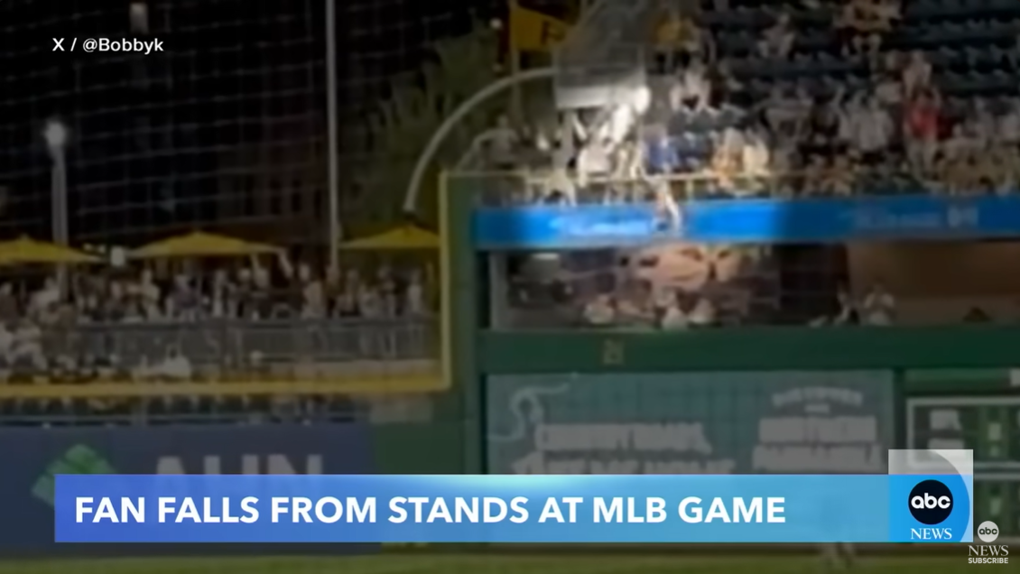 A spotlight illuminates the upper seating area above the Clemente Wall moments after Kavan Markwood's fall, posted on May 1, 2025 | Source: YouTube/ABCNews