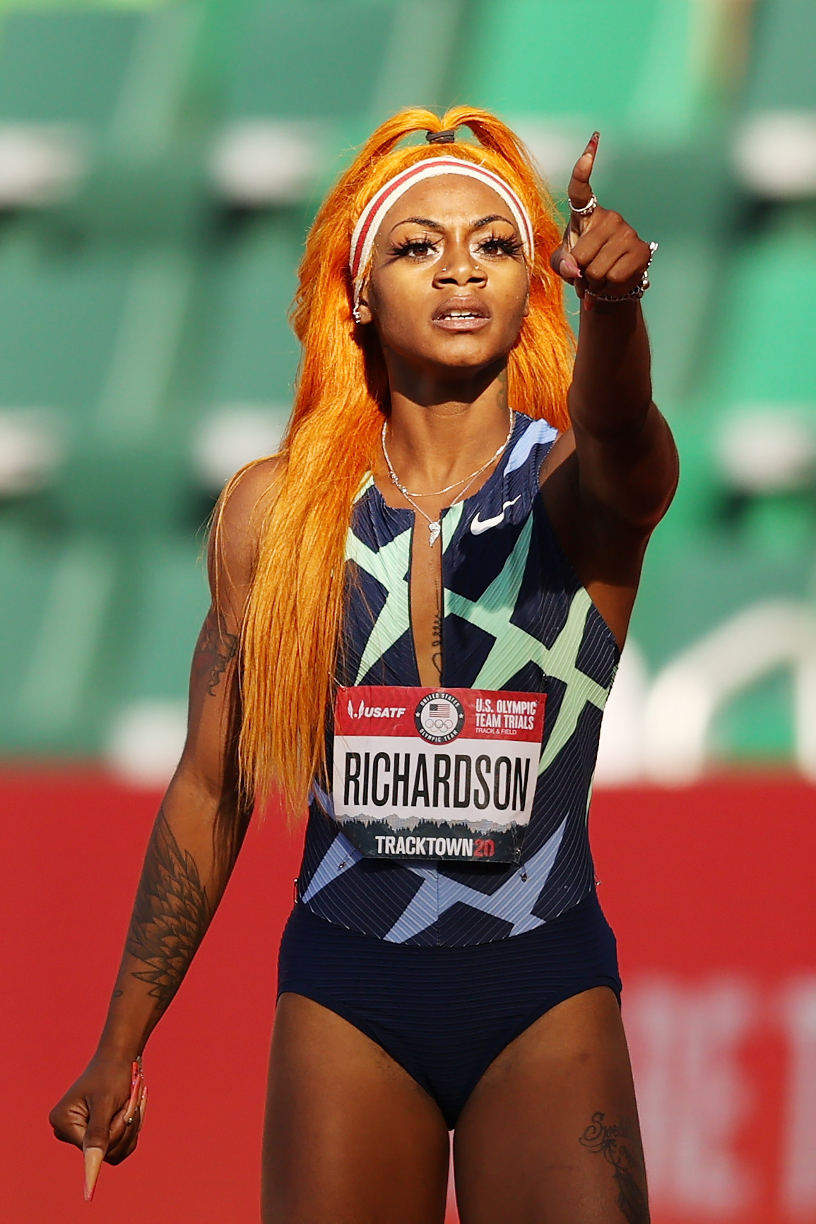 Sha'Carri Richardson reacts after competing in the Women's 100 Meter Semi-finals at the 2020 U.S. Olympic Track & Field Team Trials on June 19, 2021, in Eugene, Oregon. | Source: Getty Images