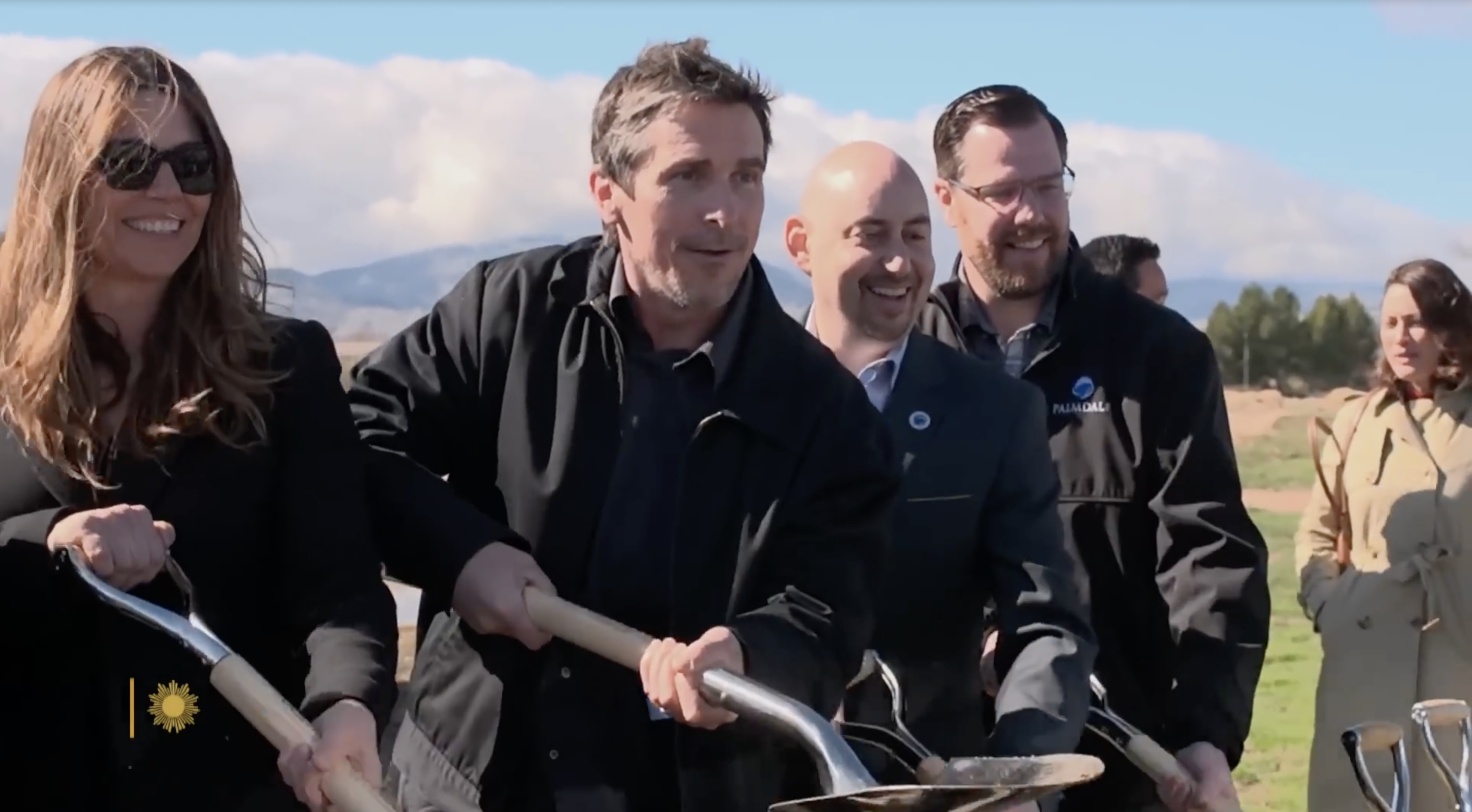 Sibi Blazic, Christian Bale, and City Council members at Together California's Foster Care Center Ground Breaking event from a post dated May 18, 2025. | Source: YouTube/CBS Sunday Morning