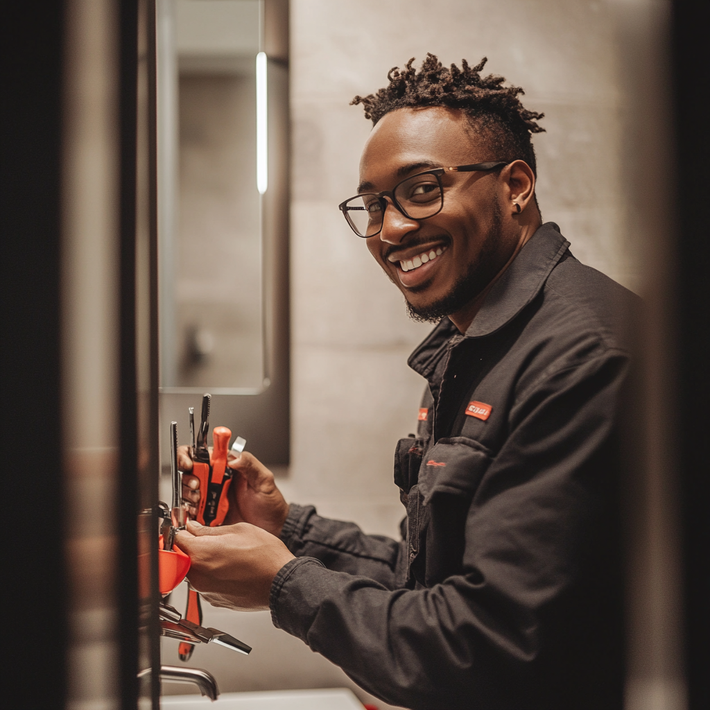 A smiling man fixing a leaky faucet | Source: Midjourney