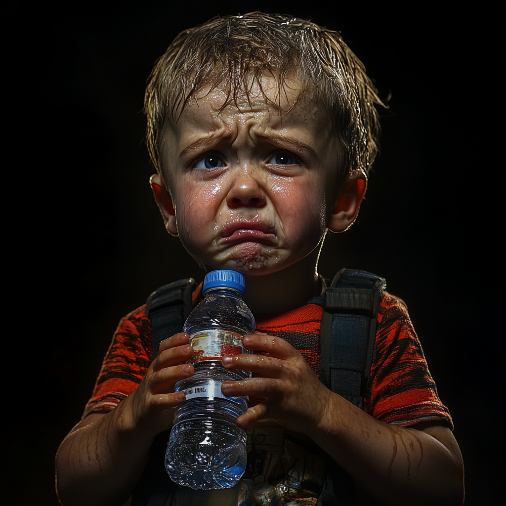 A crying child with a bottle of water | Source: Midjourney