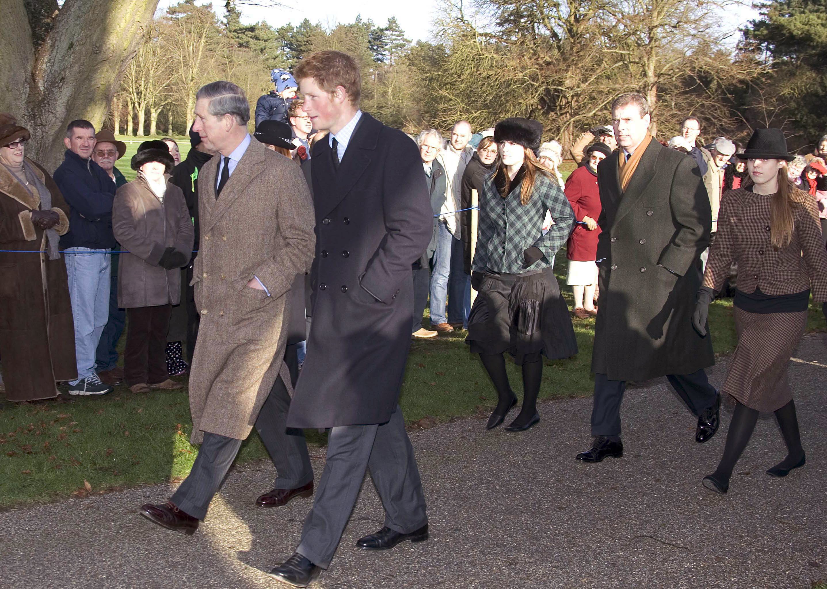 Prince Charles, Prince Harry, Prince Andrew and his daughters Princess Beatrice and Princess Eugenie pictured walking to church at Sandringham on Boxing Day. | Source: Getty Images