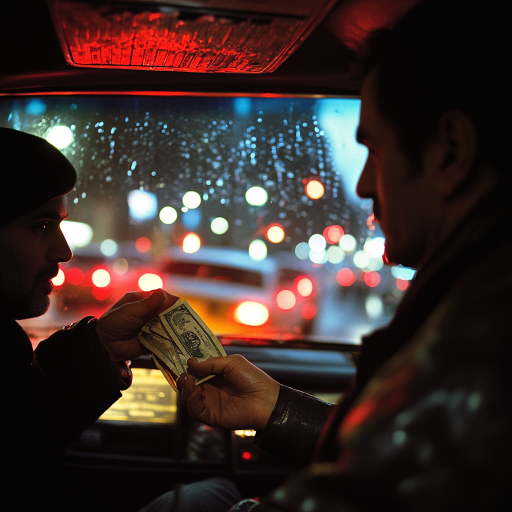 A drunk passenger handing money over to a driver | Source: Midjourney