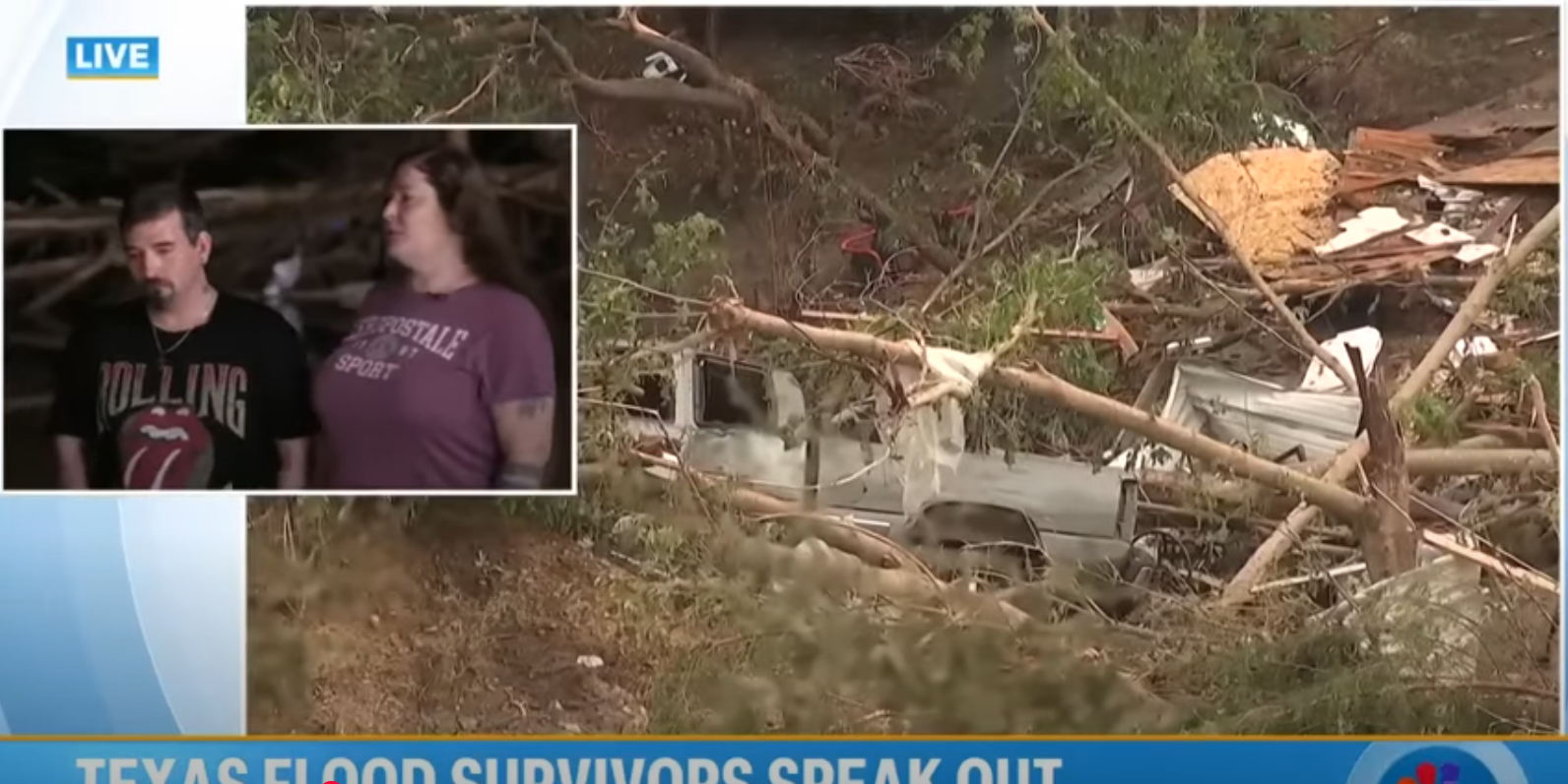 Foreground: Doug and Elizabeth Fuller during an interview dated July 7, 2025. Background: A pickup truck is seen partially buried in dirt, fallen trees, and assorted flood debris. | Source: YouTube/@TODAY