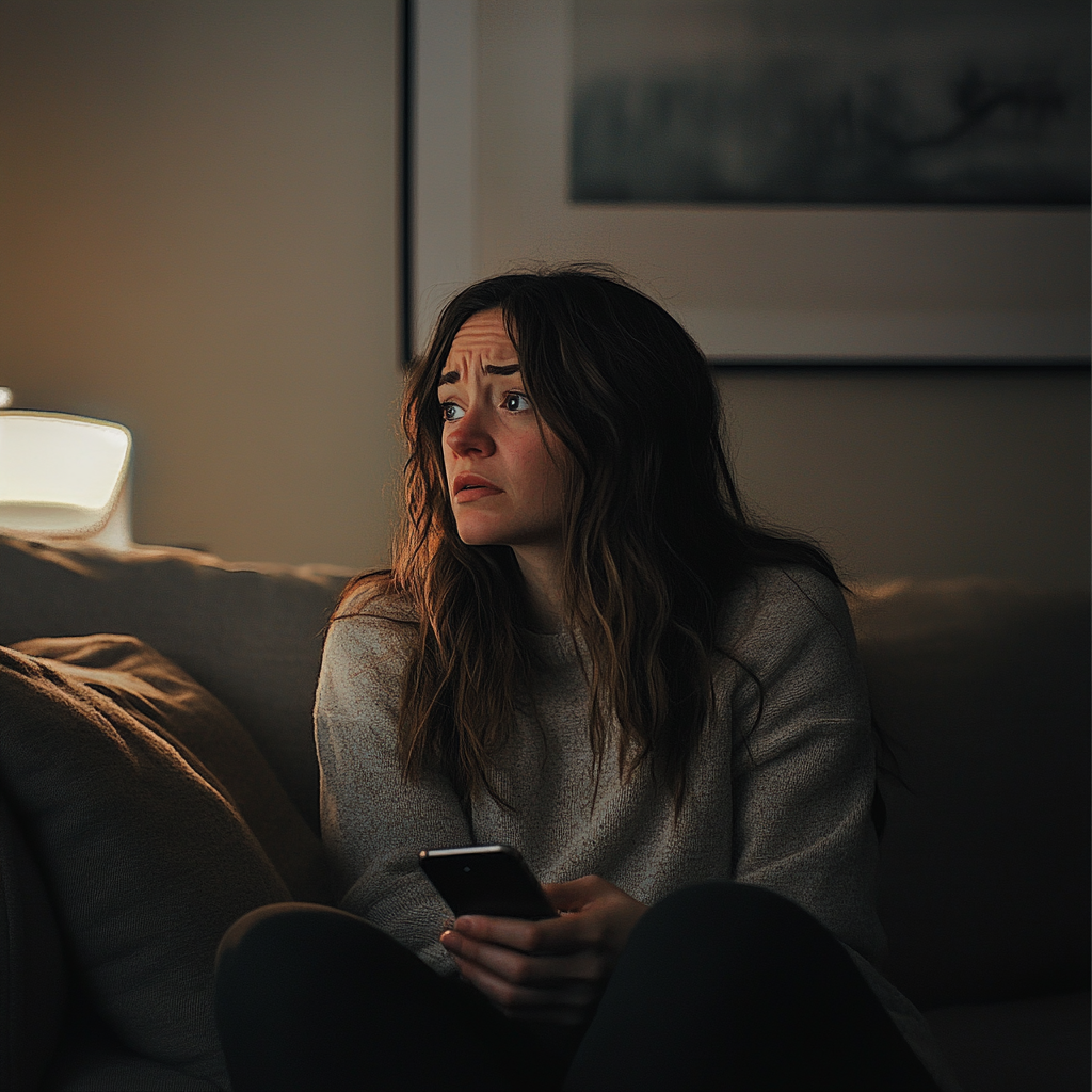 An upset woman sitting on a couch | Source: Midjourney