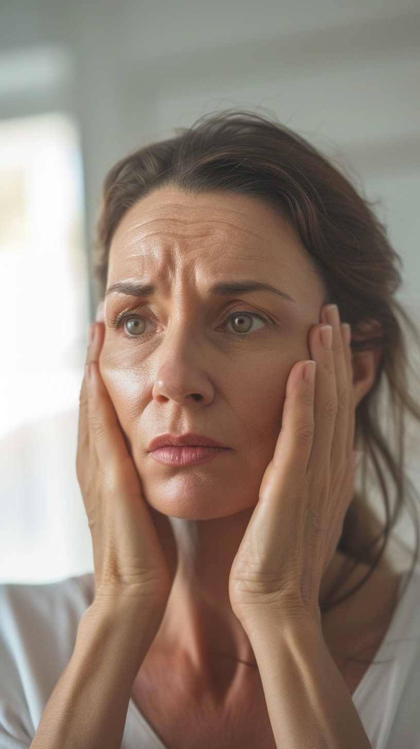 A woman holding her face | Source: Midjourney