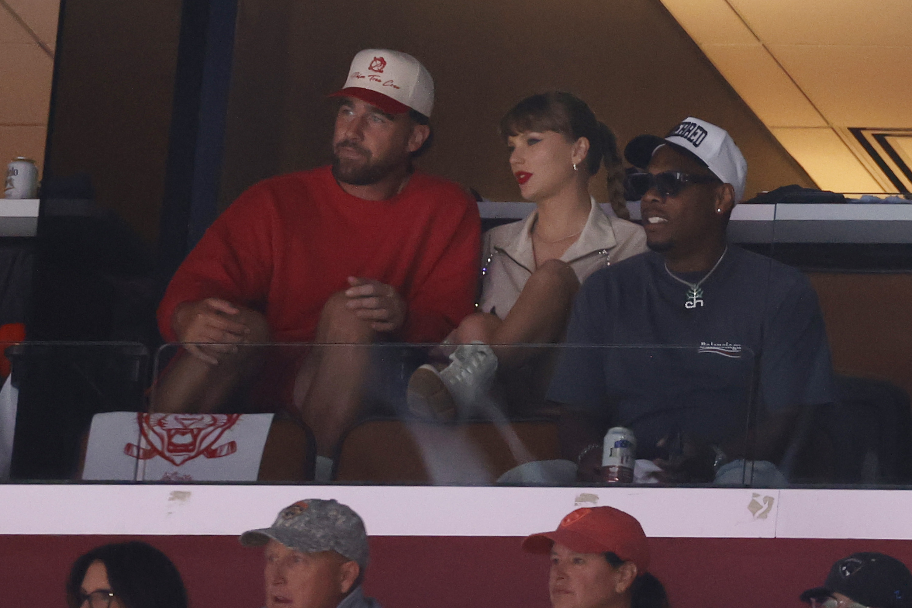 Travis Kelce and Taylor Swift during the first period of Game Four of the 2025 Stanley Cup Final at Amerant Bank Arena on June 12, 2025, in Sunrise, Florida | Source: Getty Images
