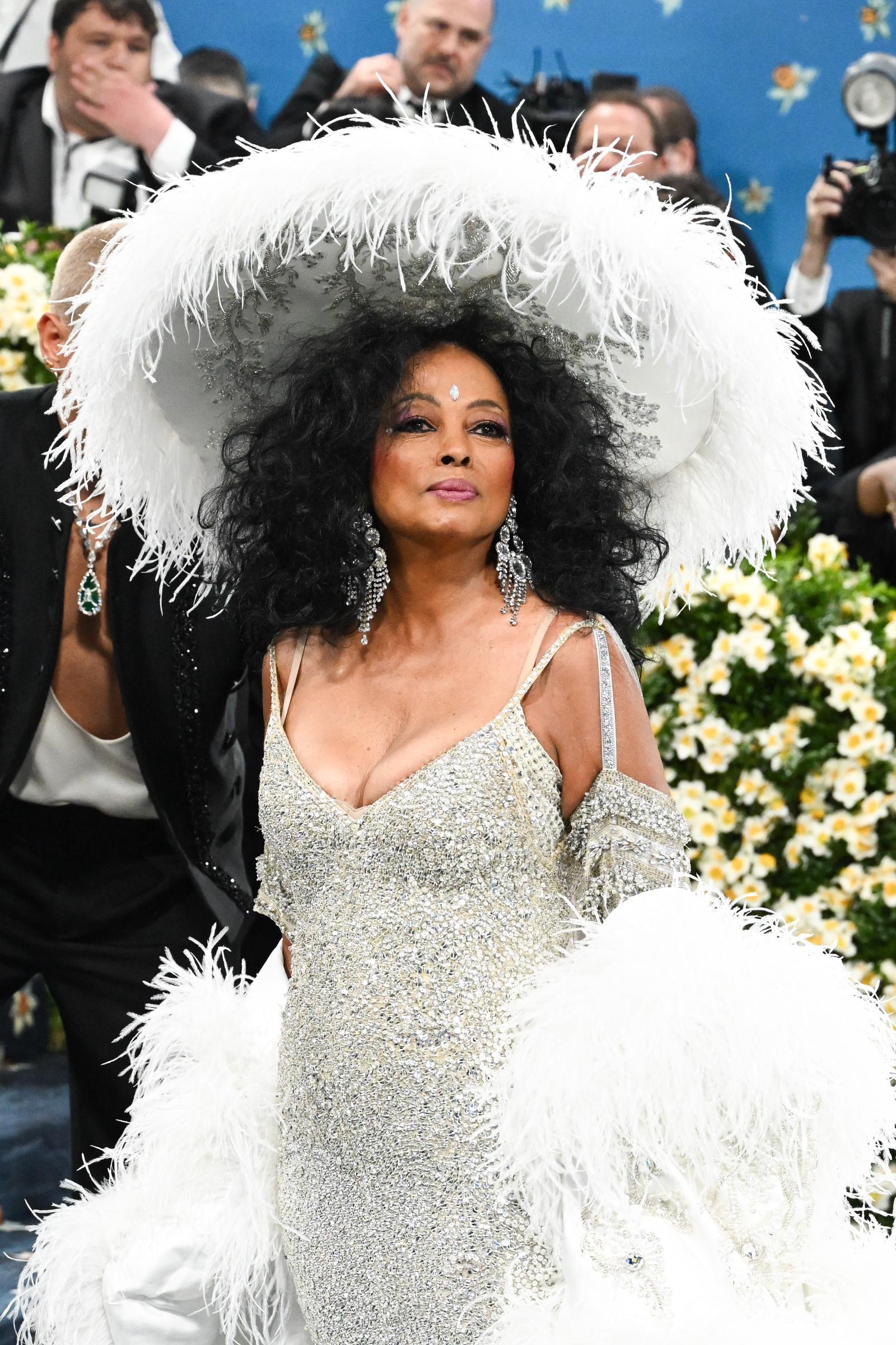 Facing the camera head-on, Ross strikes a confident, model-like pose. From this angle, her dangling silver earrings catch the light, and the V-shaped neckline of her gown subtly reveals her cleavage, a bold yet graceful detail.