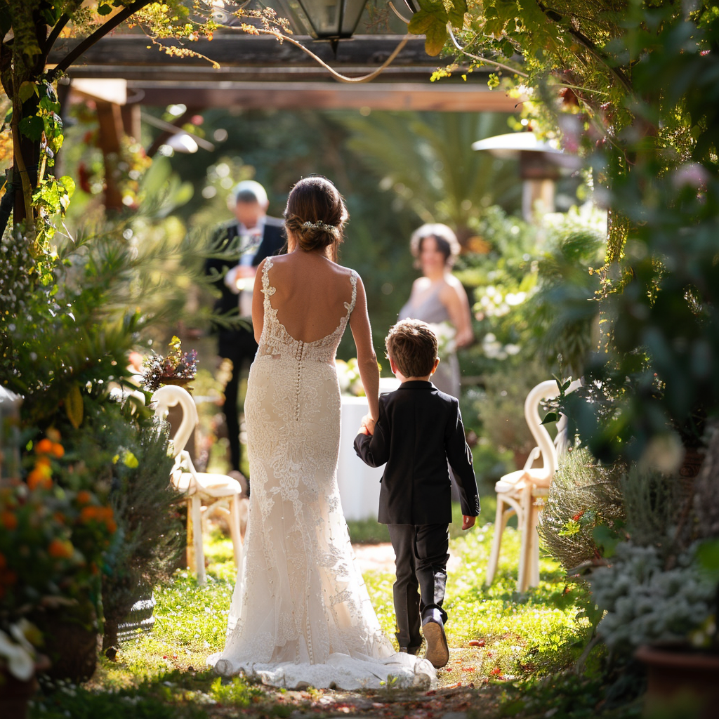 A bride walking down the aisle with a little boy | Source: Midjourney
