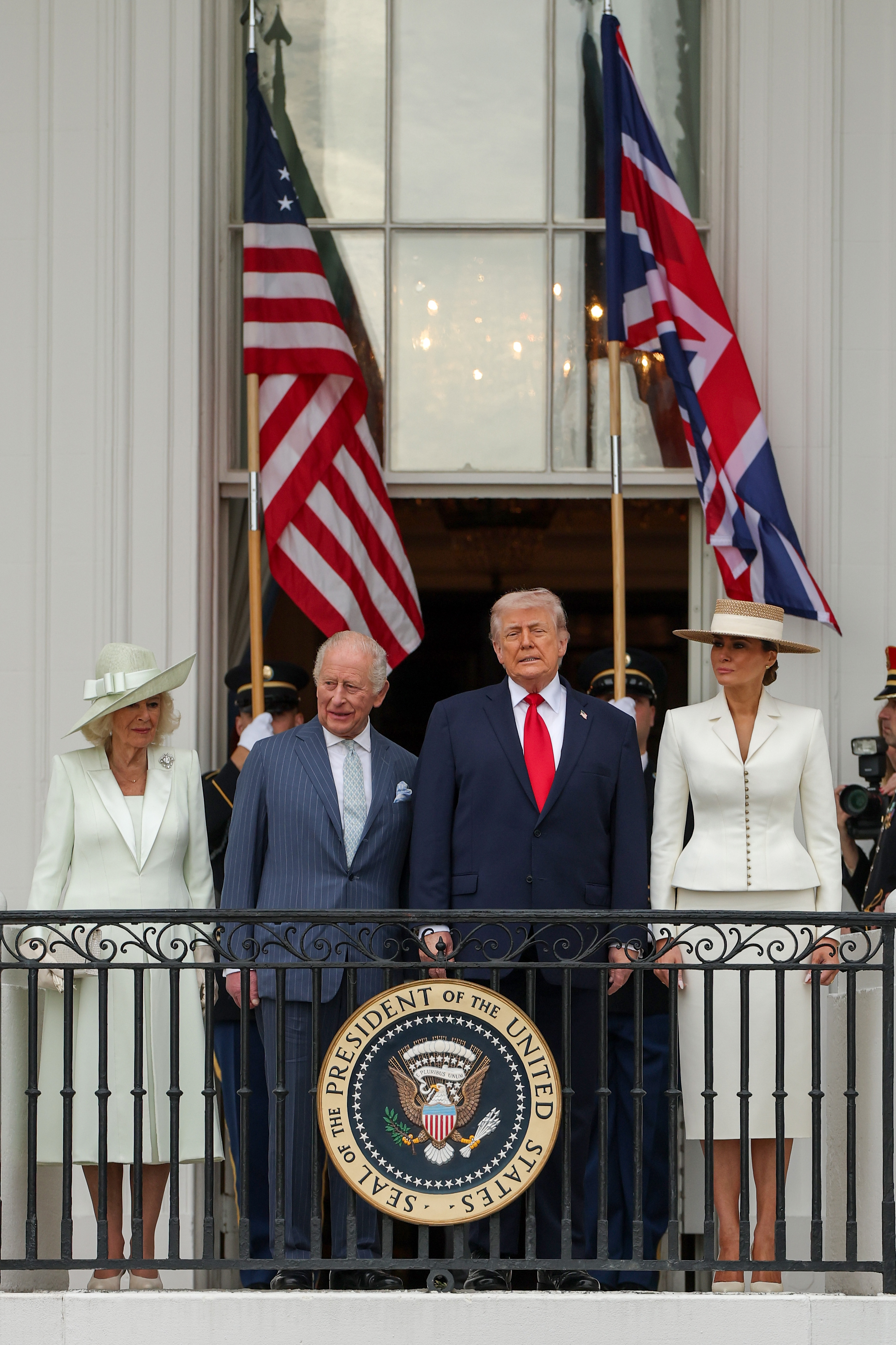 King Charles III, Queen Camilla, Donald and Melania Trump appear on the White House balcony in Washington, DC, on April 28, 2026 | Source: Getty Images
