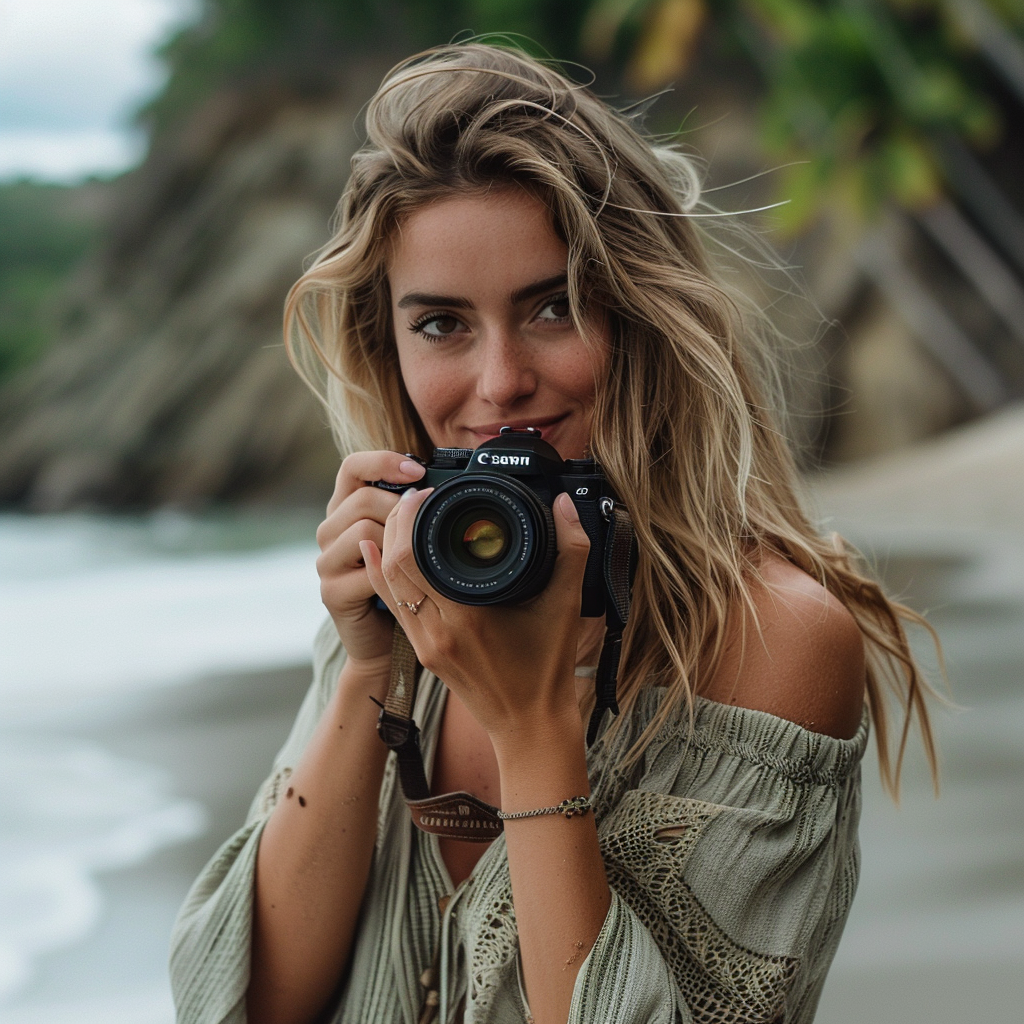 A woman taking pictures with her camera at a beach | Source: Midjourney