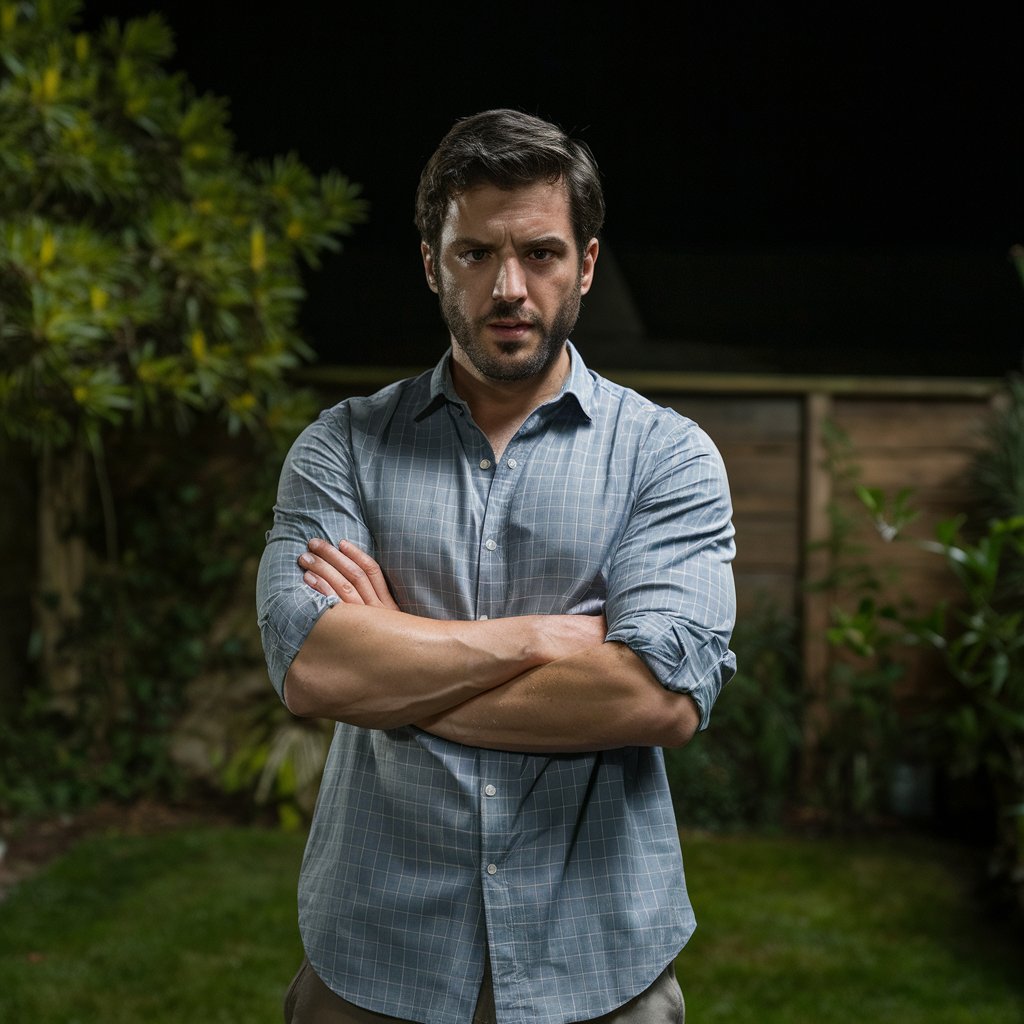 A man standing in a garden at night, looking defiant | Source: Midjourney