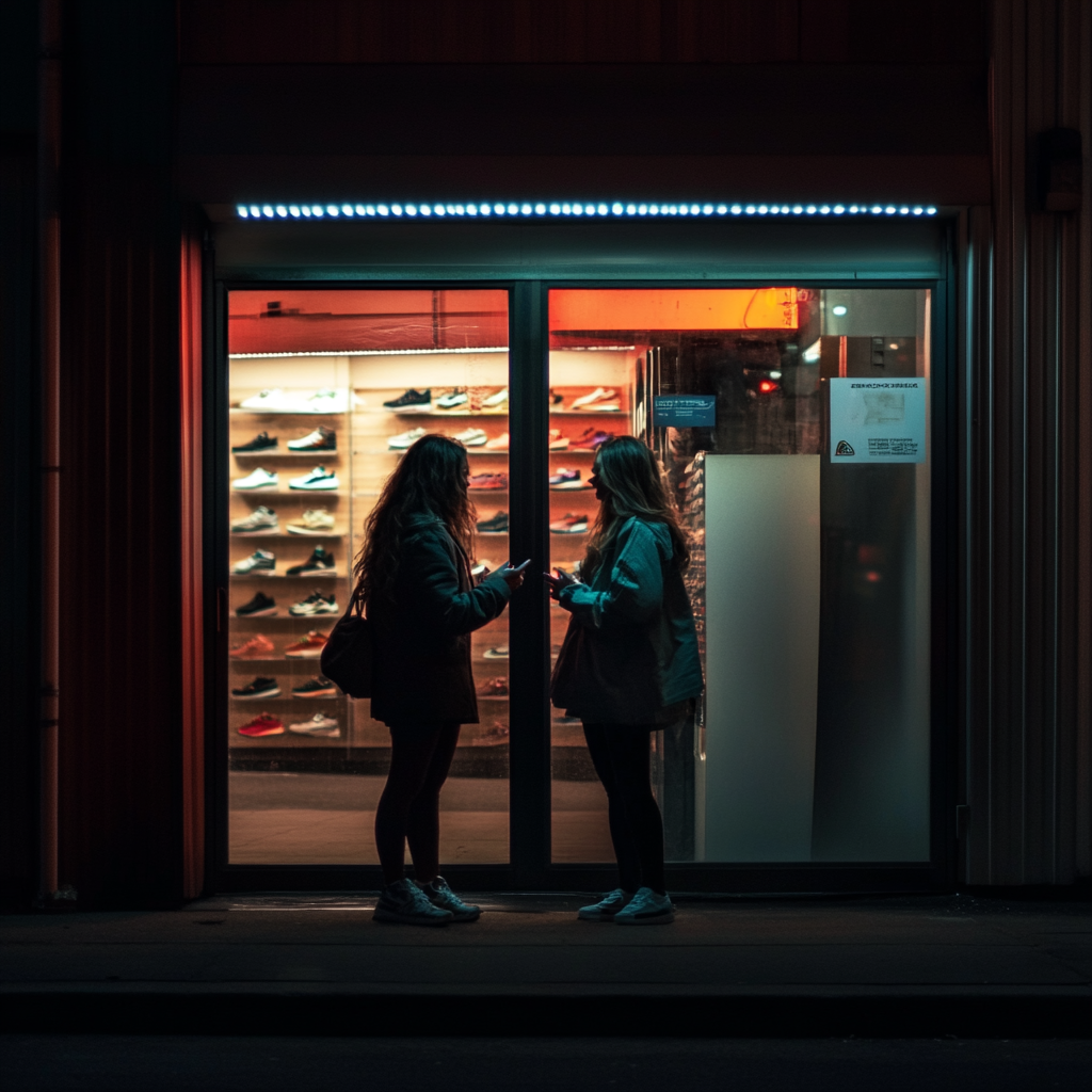 Women talking outside a shoe store | Source: Midjourney