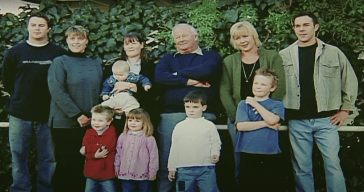 A screengrab of Michael Abney-Hastings with his family, (L-R) Son Marcus Abney-Hastings, daughters Lady Rebecca, Lady Amanda, Lady Lisa and another son, Simon Abney-Hastings, 15th Earl of Loudoun including his five grandchildren. / Source: YouTube.com/Timeline - World History Documentaries