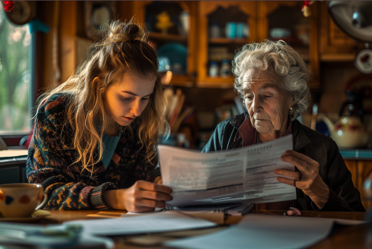 An elderly woman doing paperwork with her granddaughter | Source: Midjourney