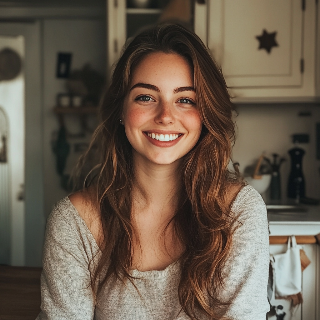 A smiling woman in her kitchen | Source: Midjourney