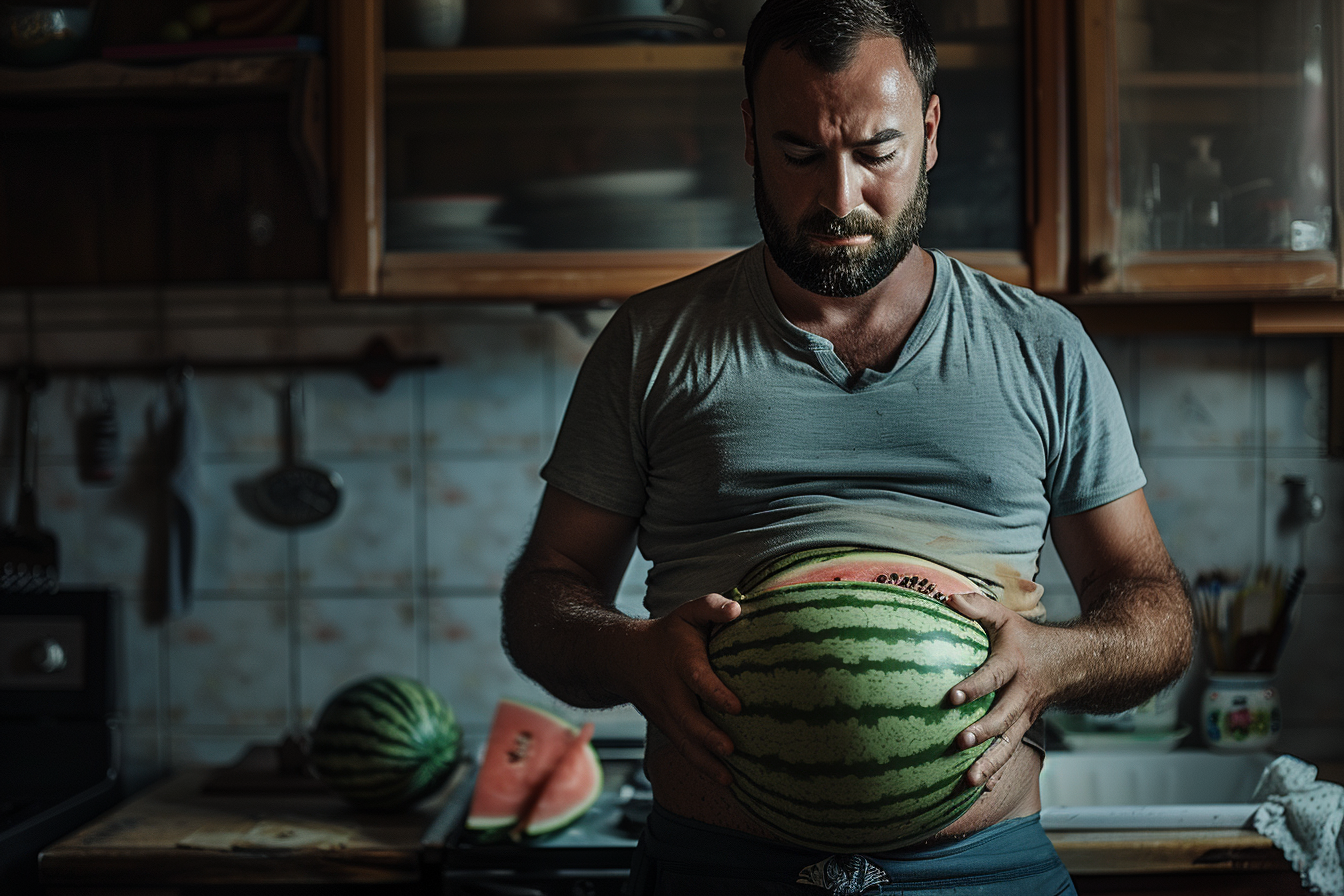 A tired man using a watermelon to simulate pregnancy | Source: Midjourney