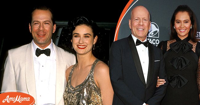 Bruce Willis And Demi Moore at the Warner Bros. Studios in Burbank on June 2, 1990 [left], Bruce Willis and Emma Heming at the Comedy Central Roast of Bruce Willis on July 14, 2018 [right] | Photo: Getty Images
