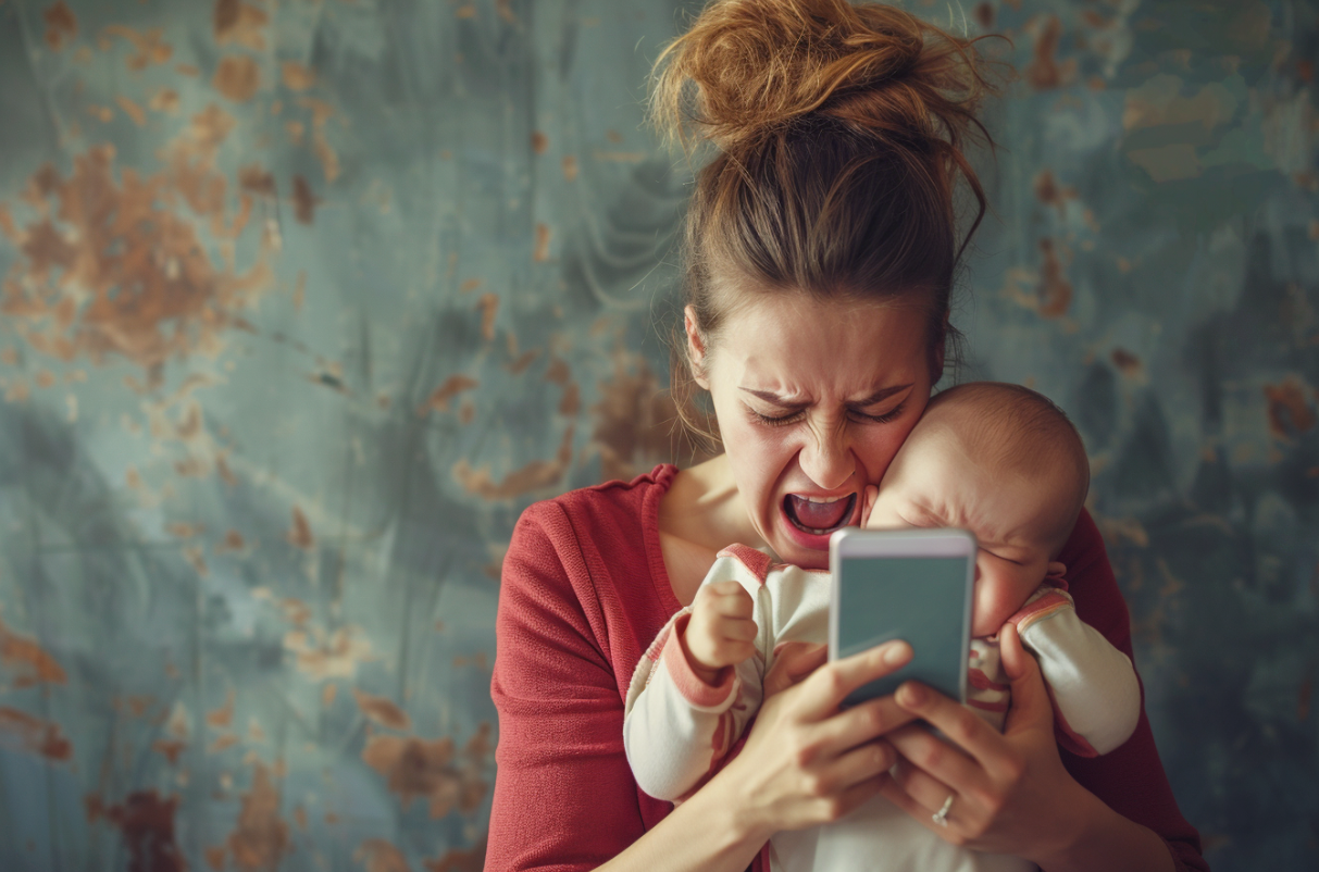 A mother holding a crying baby while using her phone | Source: Midjourney