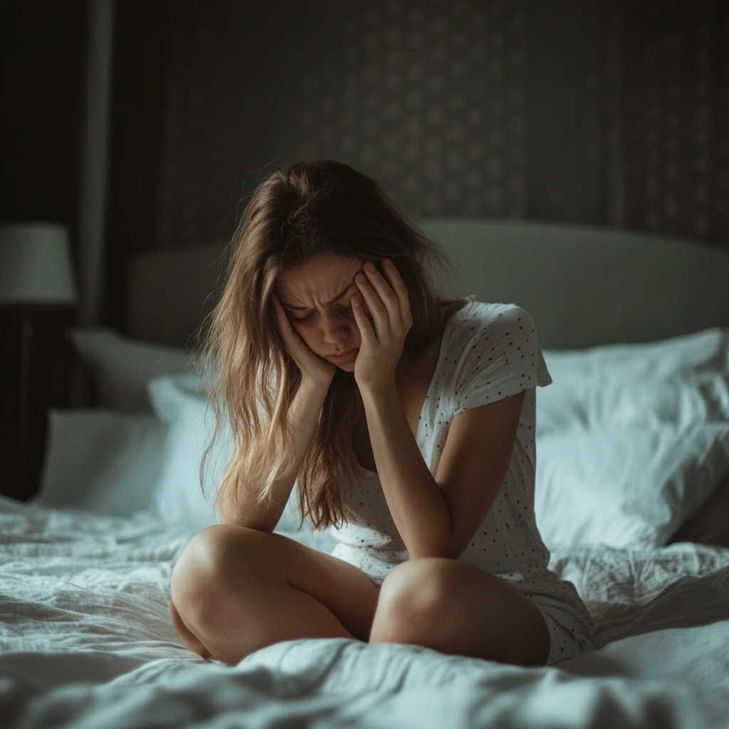 An upset woman sitting on her bed | Source: Midjourney