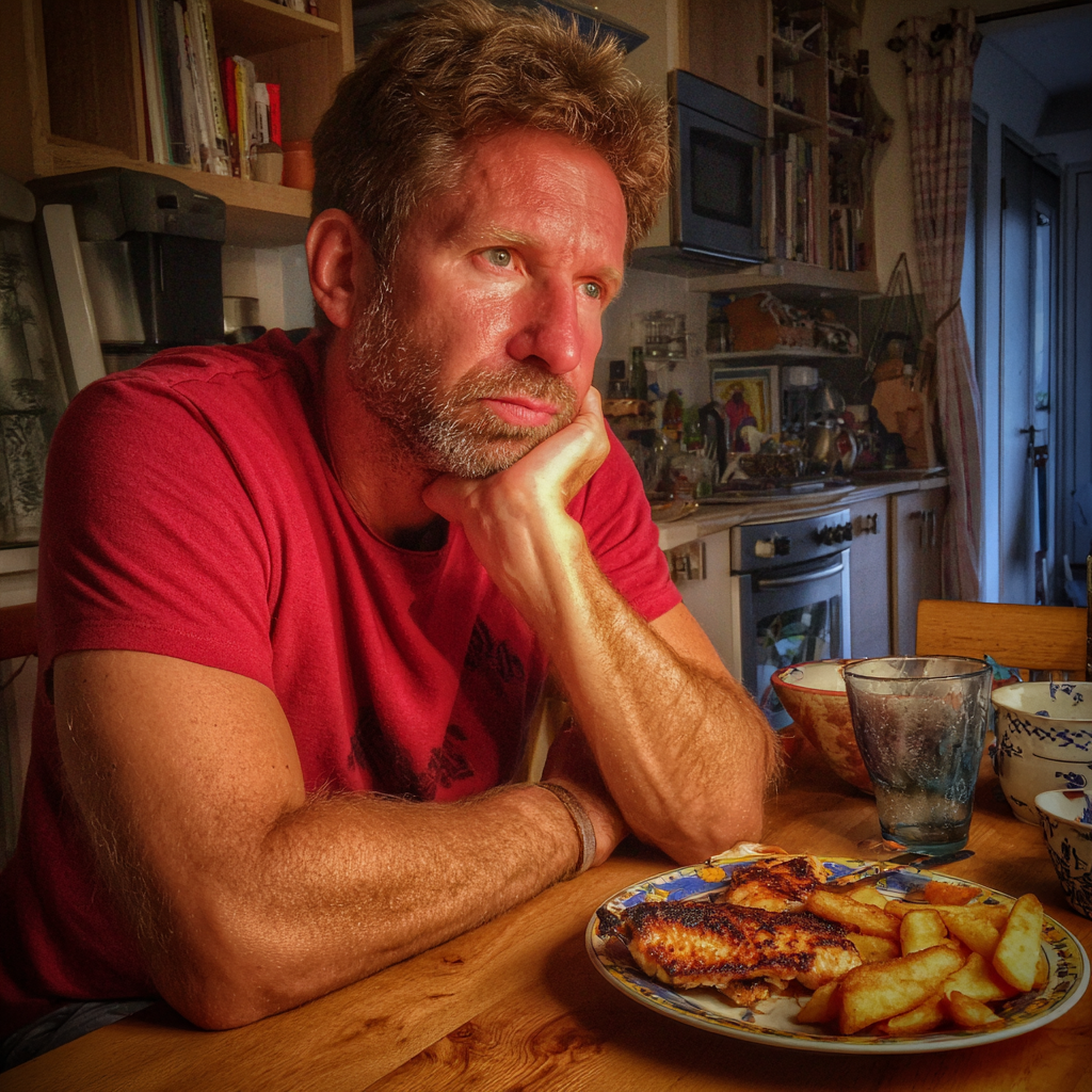 A grumpy man sitting at a table | Source: Midjourney
