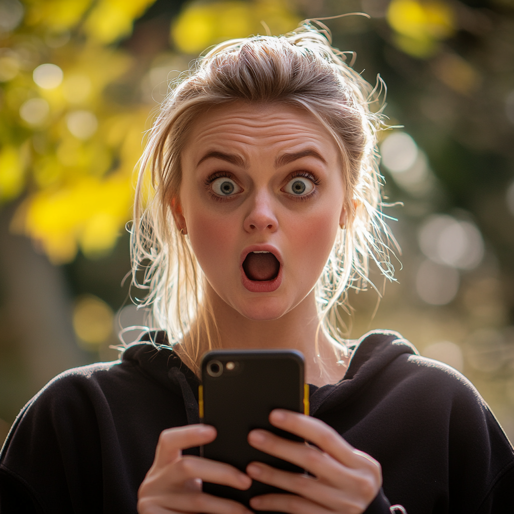 An extremely shocked woman staring at a phone screen | Source: Midjourney