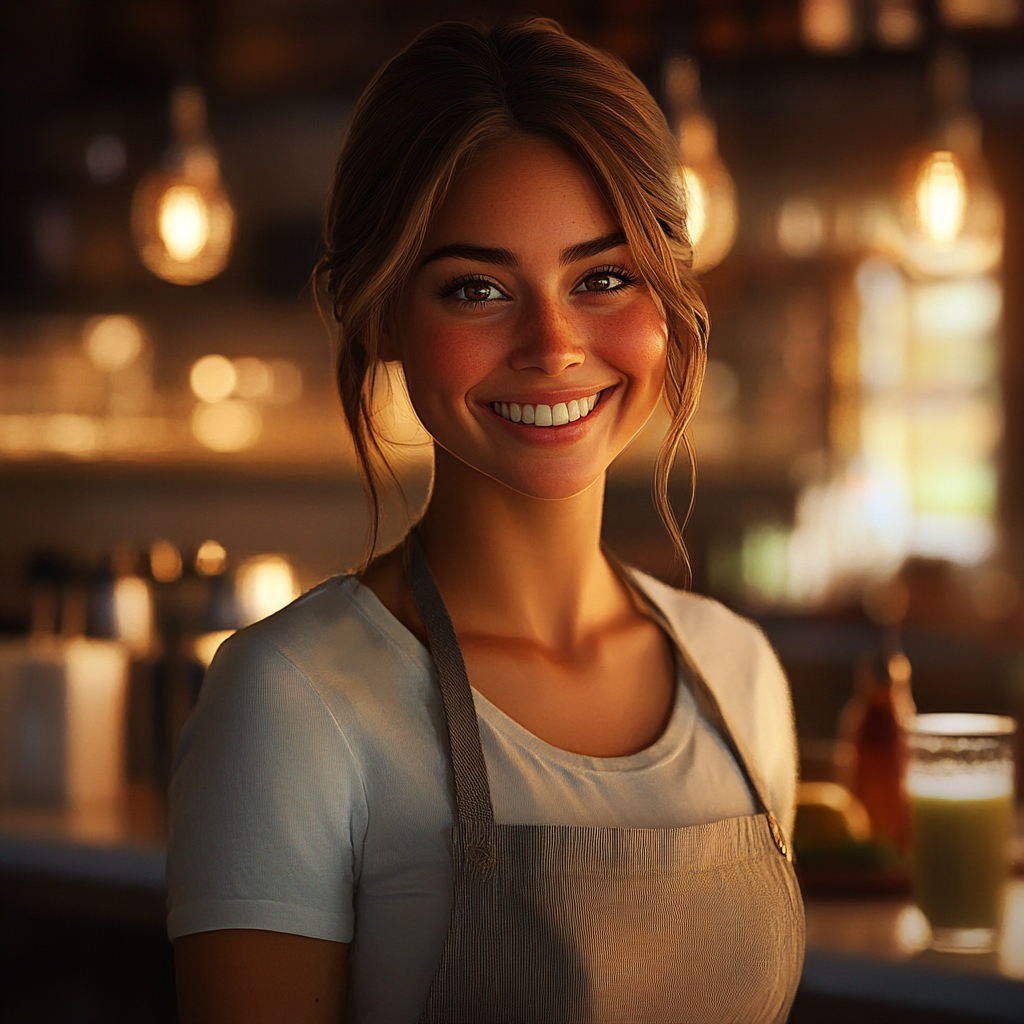 A smiling juice bar attendant | Source: Midjourney