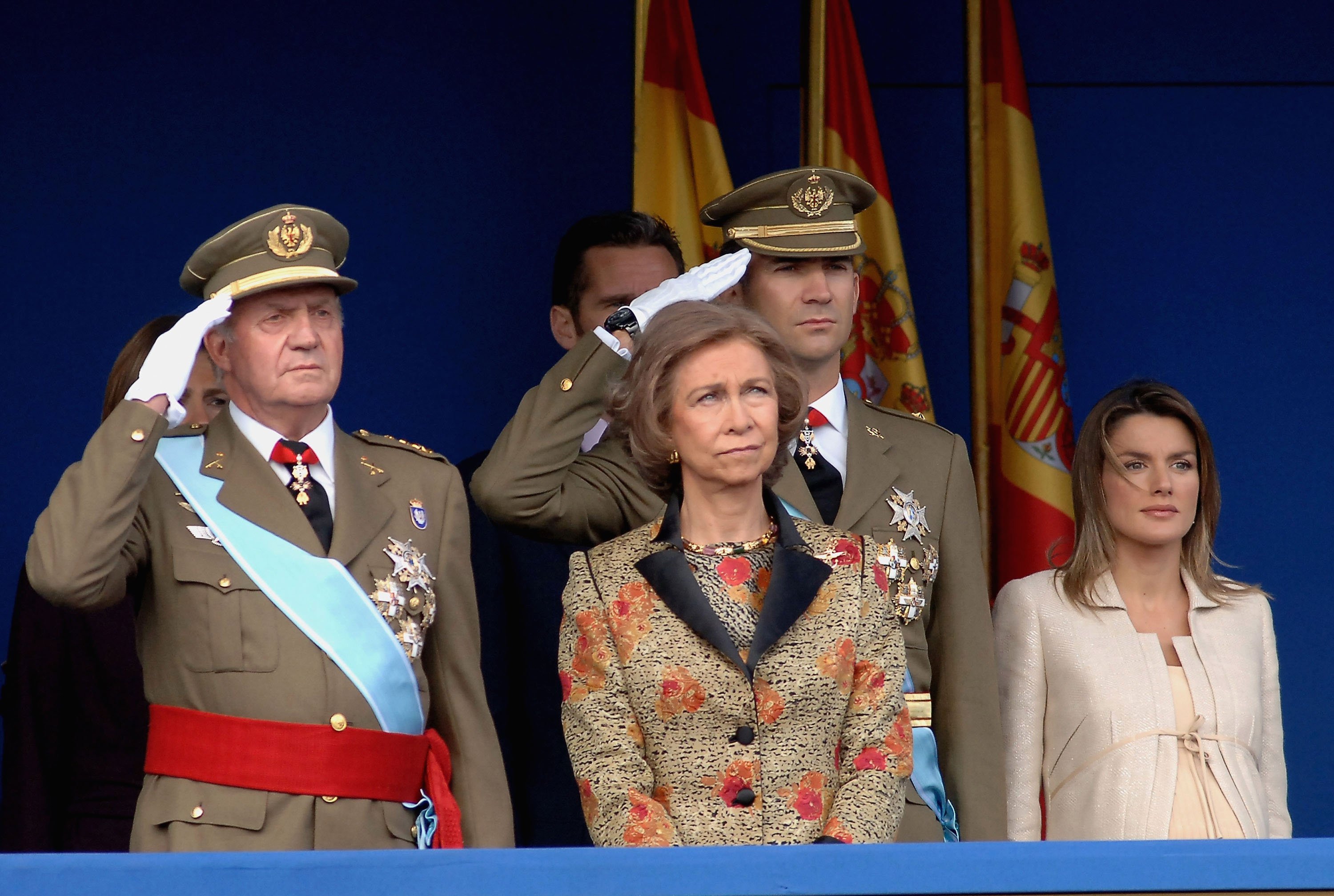 Spanish Royals King Juan Carlos, Queen Sofia, Crown Prince Felipe and Princess Letizia during Spain's National Day Military Parade in La Castellana Avenue on October 12, 2005 in Madrid, Spain. / Source: Getty Images